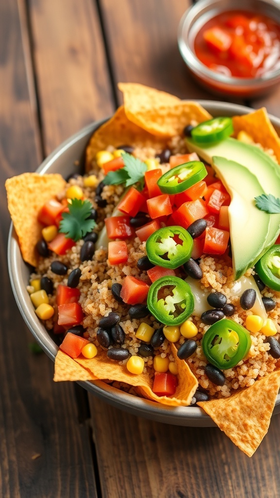 A healthy quinoa nacho bowl with quinoa, black beans, corn, cheese, tomatoes, avocado, and jalapeños on a rustic table.